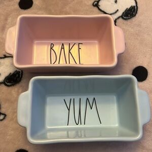 RAE DUNN RARE LIGHT PINK ‘BAKE’ & PALE BLUE ‘YUM’ MINI LOAF PAN BAKING DISH SET